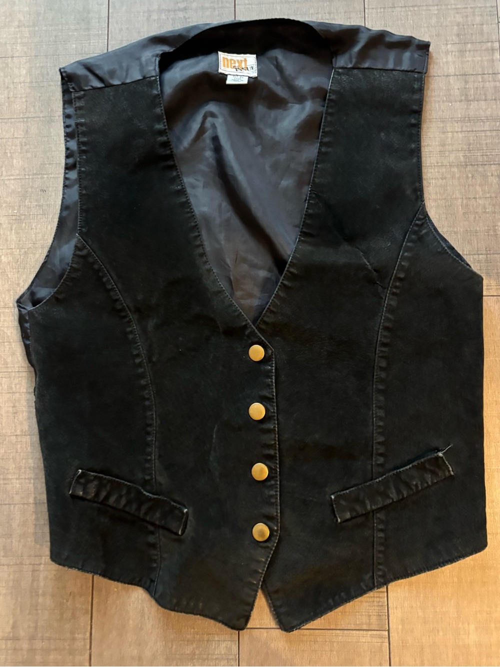 3 for $21- Suede Black Button-Front Vest with Gold Snap Buttons- Satin Tie Back